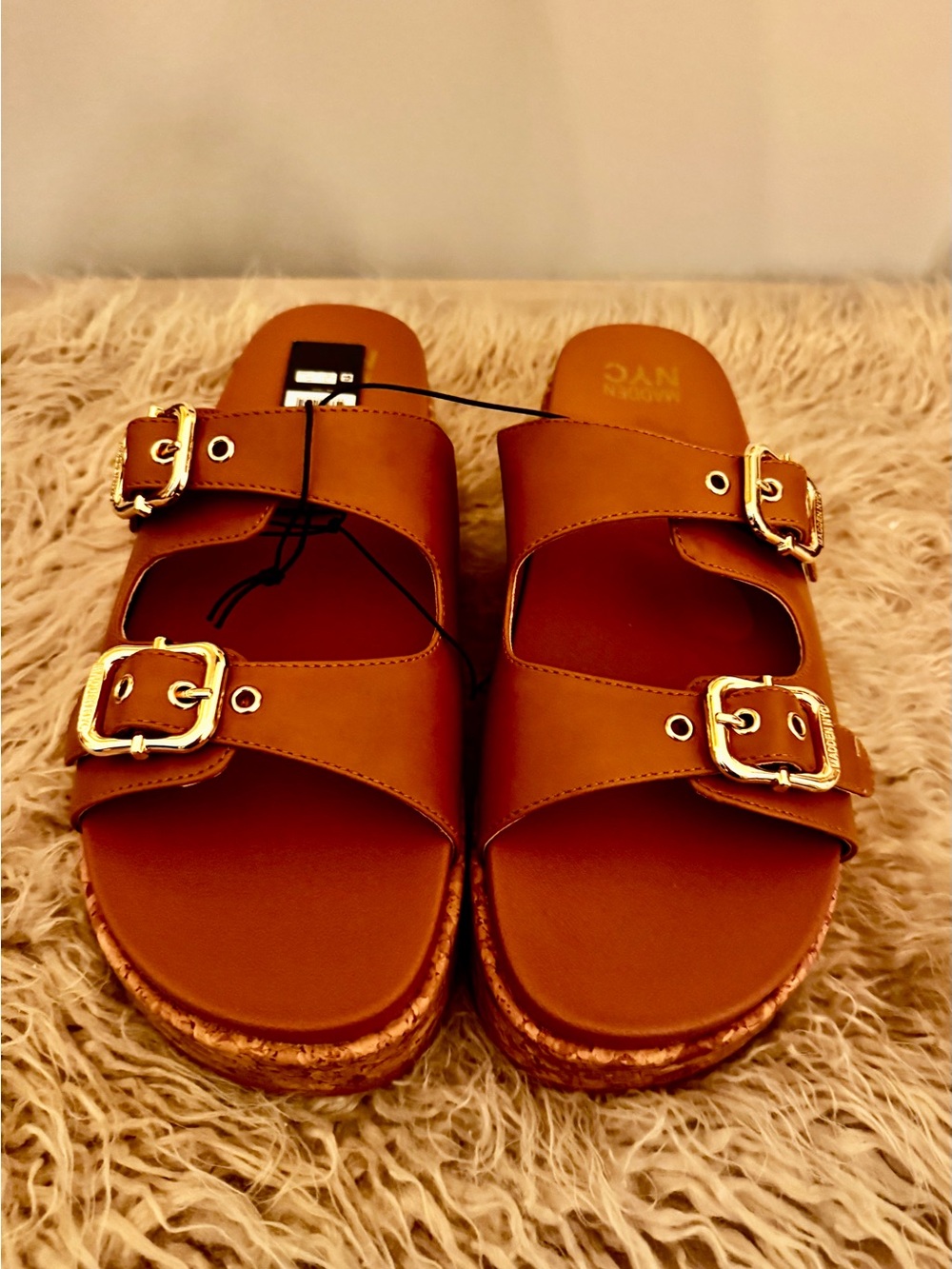 Double Buckle Slide Sandals in Tan with Gold Accents